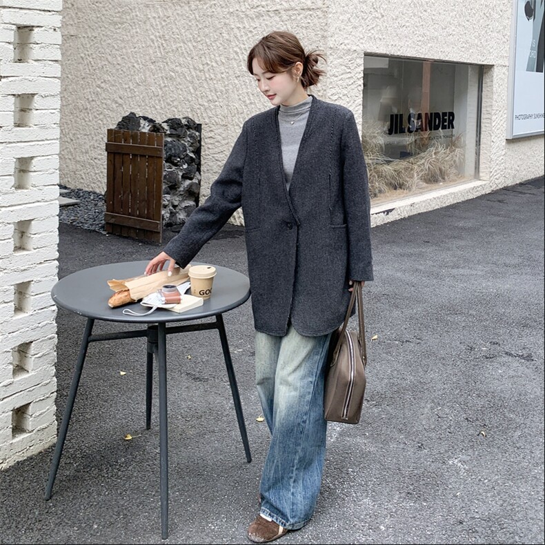 深灰色淡人羊毛呢羽绒内胆西装外套女2025冬季韩系气质高级感外套,女装羽绒服,2C291
