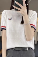 夏新款超细精纺羊毛针织短袖女薄款宽松小狗刺绣圆领拼色T恤上衣，女装针织衫/毛衣，萱芳婷羊绒