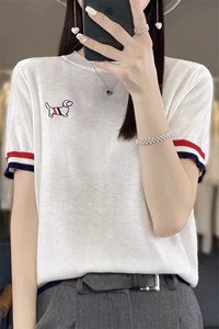 夏新款超细精纺羊毛针织短袖女薄款宽松小狗刺绣圆领拼色T恤上衣图片