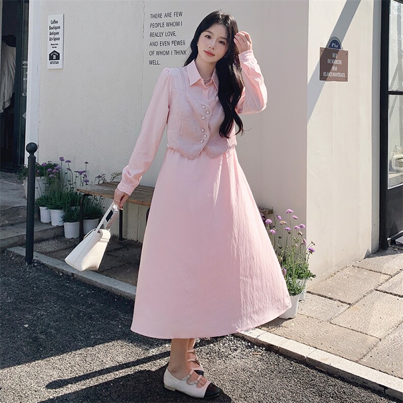 粉色马甲拼接假两件连衣裙女2025春季新款法式温柔风小个子衬衫裙,女装套装/套裙,浙宝305