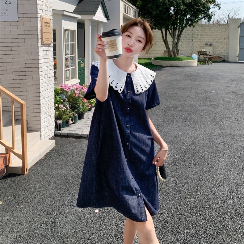 甜美娃娃领拼接牛仔连衣裙女夏2025新款小个子减龄超火学院风爆款,女装连衣裙,2C115