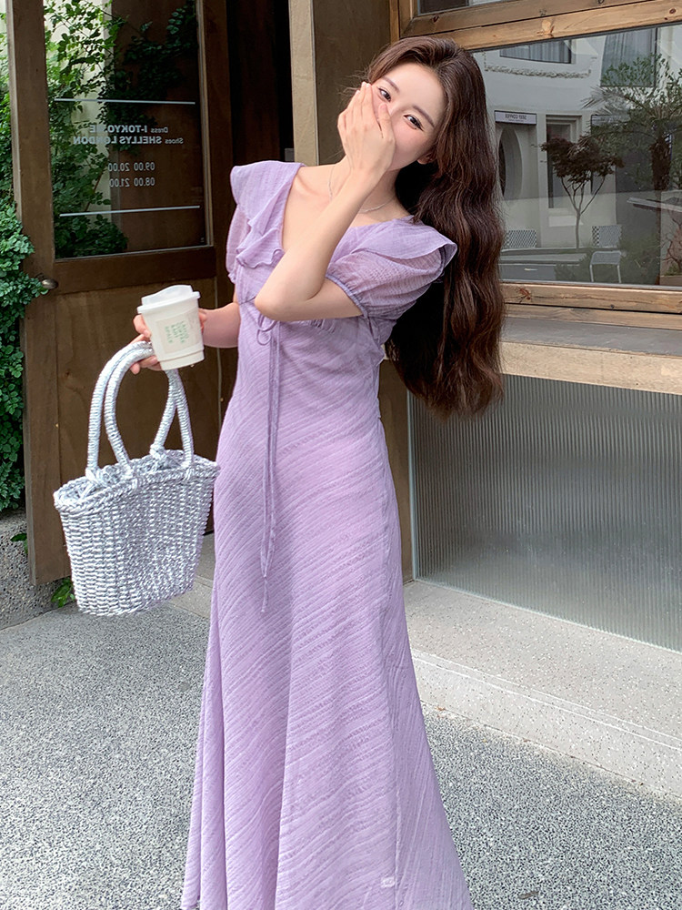 气质长款V领荷叶边温柔连衣裙女夏季2025文艺日系绝美高级感长裙,女装连衣裙,浙宝305