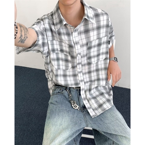 复古衬衫男夏装港风学生宽松小众设计感趣味新款男装上衣外穿图片
