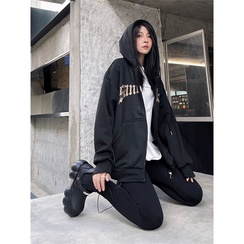 抖音得物加绒加厚宽印花休闲连帽卫衣开衫卫衣外套AKS1101，女装短外套，电商A443