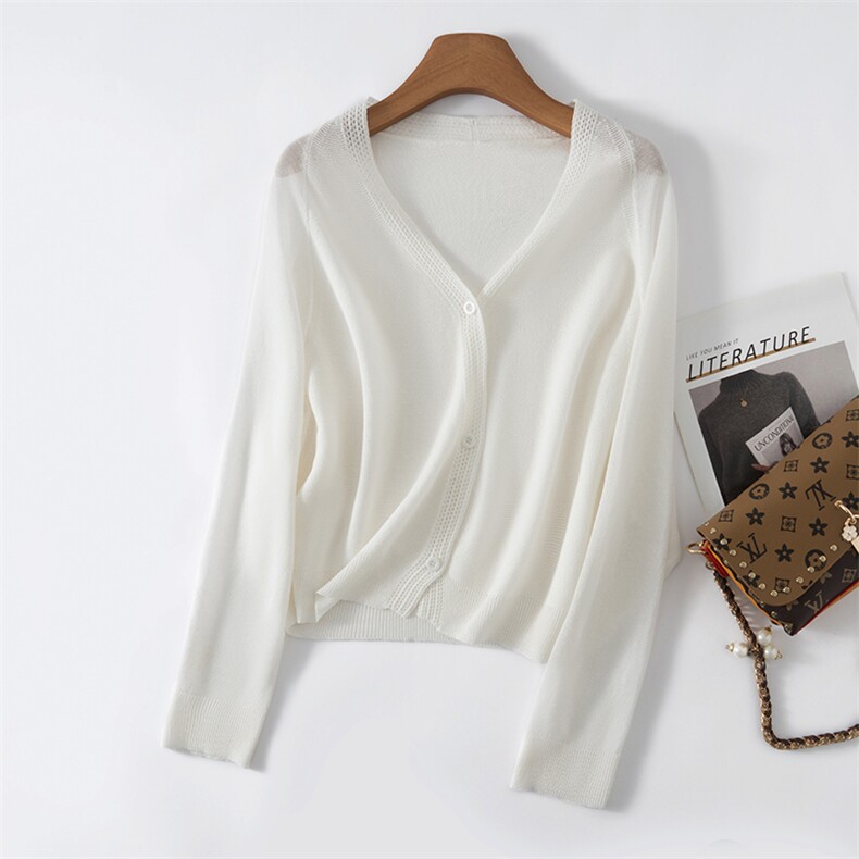 高端轻奢冰丝针织开衫女长袖短外套防晒衣2025夏轻薄透气外搭披肩，女装T恤，欣美羊绒