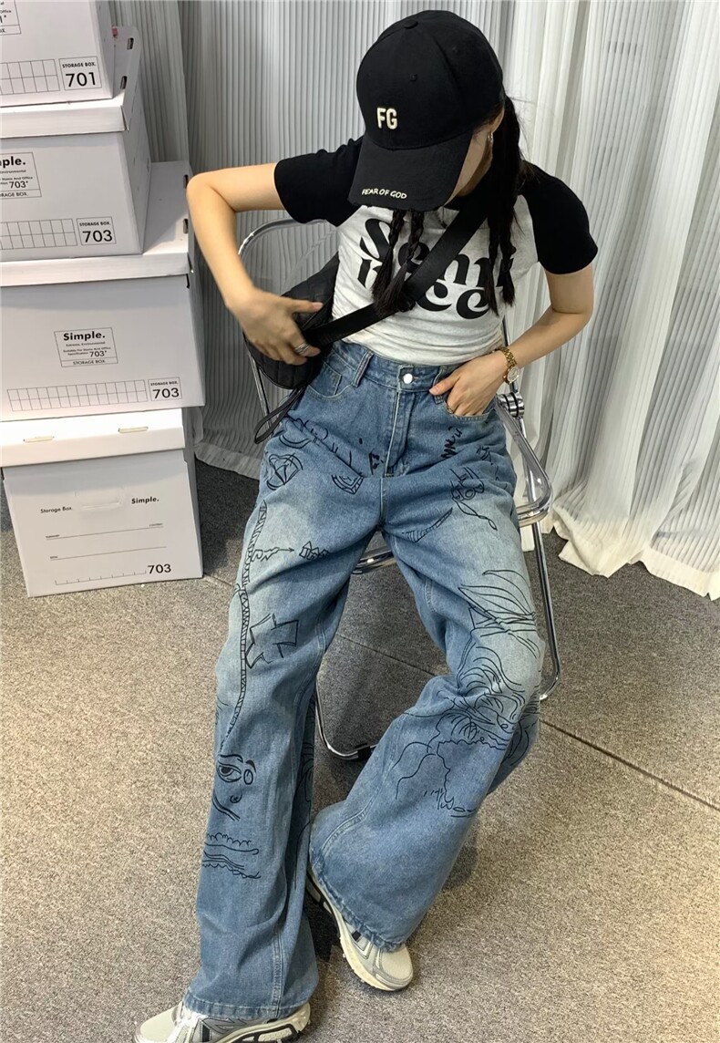 美式高街头涂鸦阔腿裤男百搭oversize古着牛仔裤NK8004P45,男装牛仔裤,星座1116-2