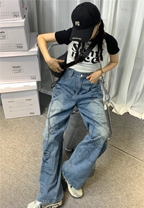 美式高街头涂鸦阔腿裤男百搭oversize古着牛仔裤NK8004 P45图片