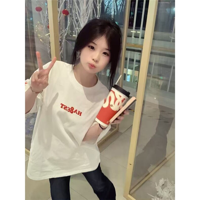 美式复古小火苗刺绣短袖T恤男女潮牌夏季新款宽松情侣上衣，男装T恤，星座1210-1