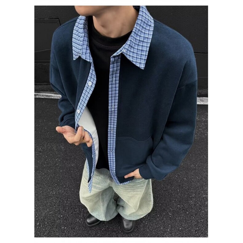 加绒加厚假两件拼接格纹新款上衣秋季男生卫衣外套WYR245,女装短外套,星座516A