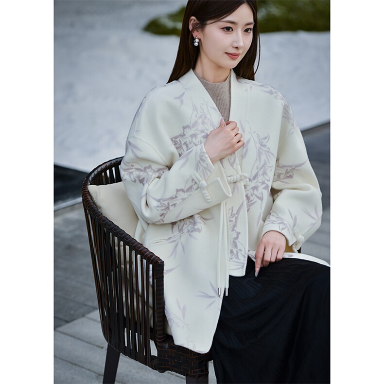 优雅气质女装盘扣毛呢外套秋冬新款时尚百搭长款大衣,女装双面呢大衣,亿美羊绒