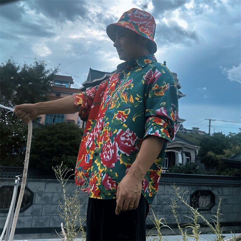 PC203长袖拼接东北大花风民族牡丹大花撞色AB版衬衫团队表演图片