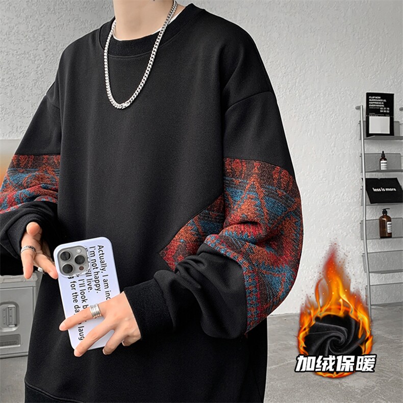 8XL-M民族风加绒加厚卫衣男款冬季拼接套头衫特大码外套WY005P58图片