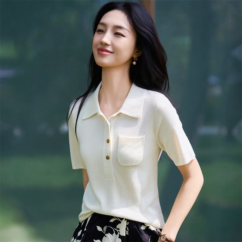 法式polo领精纺毛针织短袖T恤女2025新半袖打底翻领小衫打底上衣,针织衫/毛衣,暖烁羊绒