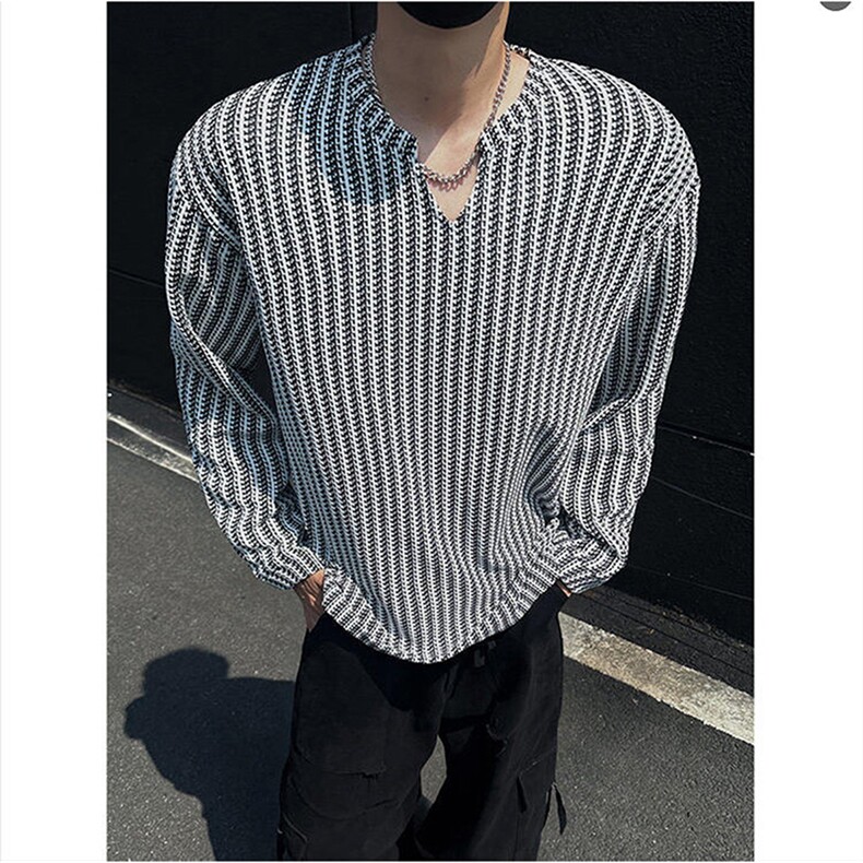 美式高街千鸟格子长袖T恤男女亨利V领英伦雅痞休闲宽松长袖打底衫，男装T恤，电商A443