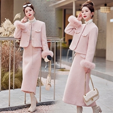 2023冬装女时尚潮流小香风羽绒服真狐狸袖毛白鸭绒套装，女装套装/套裙，艾贝斯