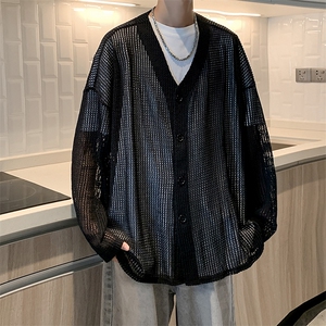 2024镂空针织开衫男士潮V领开衩宽松ins毛衣 XZ212-1-QMY6023-P45图片