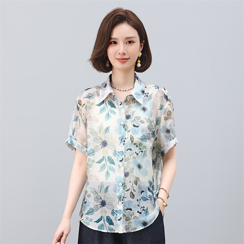 叶笙衣2552衬衫领短袖印花上衣，女装衬衫，叶笙衣