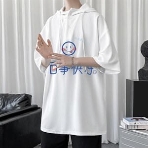 LD54183-P45 连帽短袖t恤男大码胖子带帽五分袖中袖图片