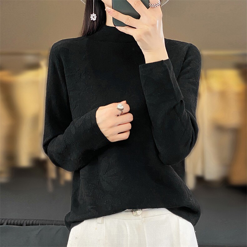 半高领长袖针织打底衫女修身内搭提花毛衣洋气肌理感百搭毛衫上衣,女装羊毛衫,科源羊绒