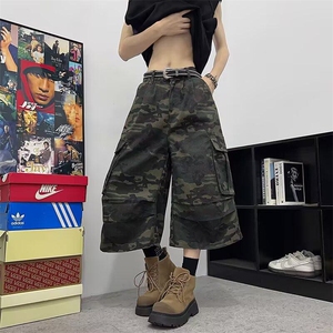 大口袋工装迷彩裤夏季新款独特超好看宽松直筒七分裤子1026 P46图片