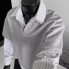 T525-P45美式复古假两件条纹polo领t恤女春秋季宽松小众，男装T恤，电商B323A