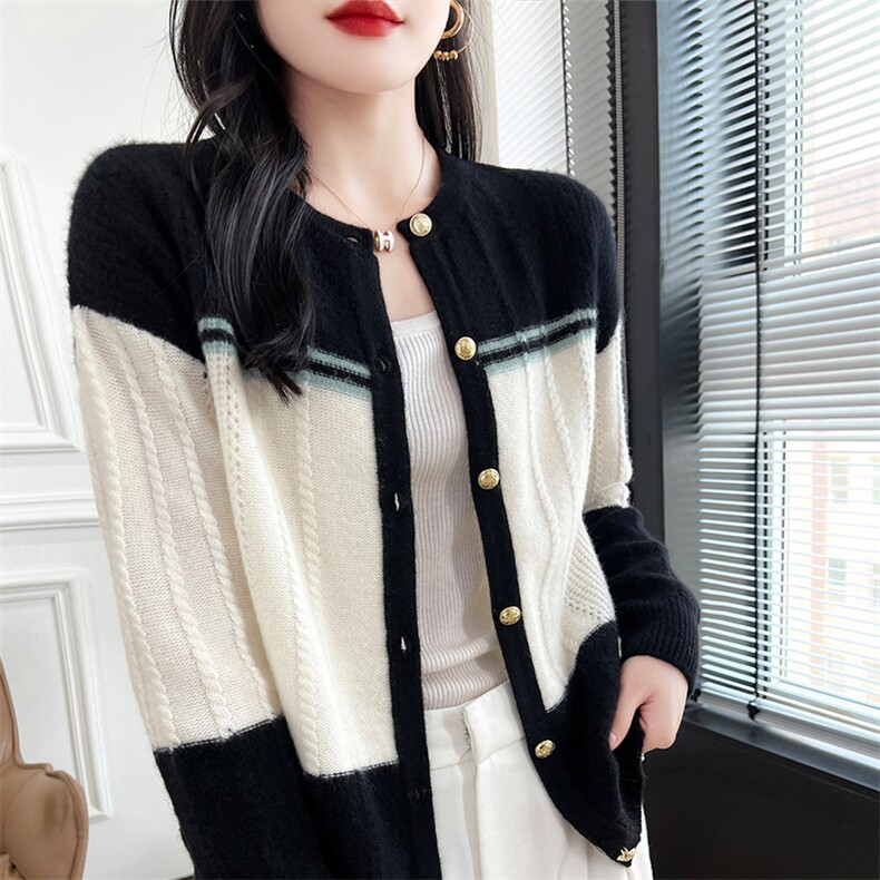 拼色加厚开衫针织衫羊毛衫女秋冬2024年新款，女装羊毛衫，哲奥羊绒