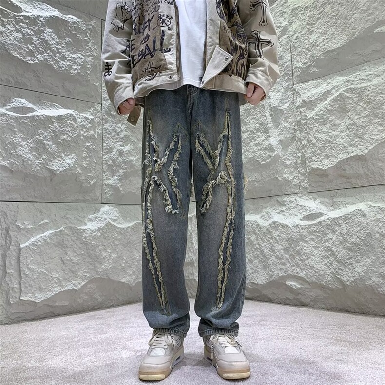 美式高街牛仔裤男韩版潮流帅2024夏季新款ins宽松长裤RK1050-P58,男装牛仔裤,星座412-3