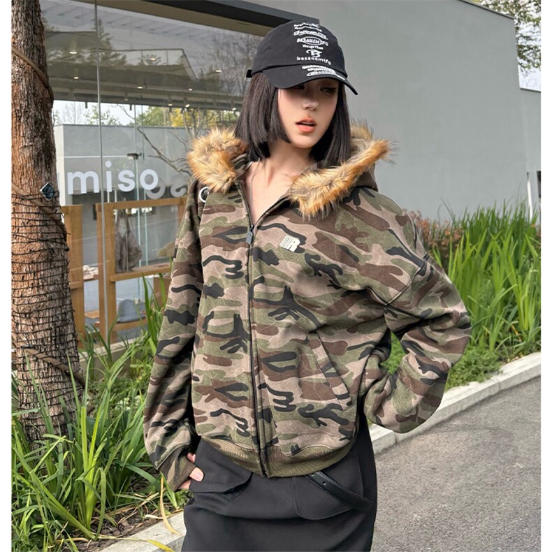 毛领迷彩加绒开衫卫衣外套610A-1-LY6039-P85,女装短外套,星座610A-1