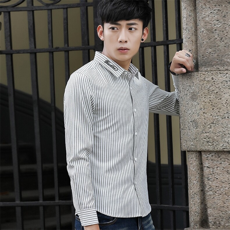 714-3-C09-男秋装潮流男青年修身衬衣顺条衬衫男男款士装daN,男装衬衫,星座1404-3