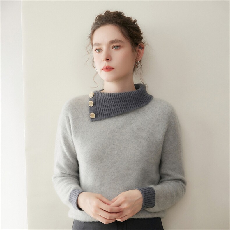 2025年秋季新款七针宝石扣不规则撞色翻领针织上衣时尚休闲通勤，女装羊绒衫，澳煜绒
