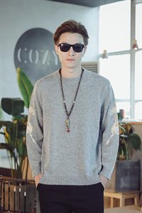 9056*咖啡厅中国风男士秋冬麒麟绣花毛衣针织衫男 黑色全身 *P75图片