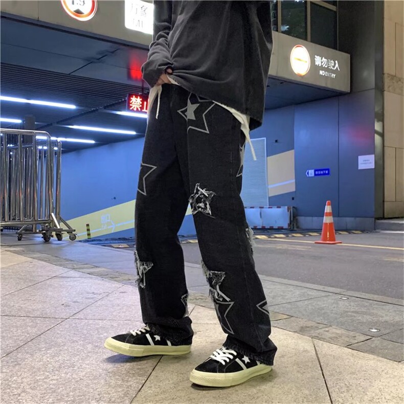 五角星牛仔裤男秋季潮流百搭宽松潮牌新款痞帅高街长裤N1191-p45图片
