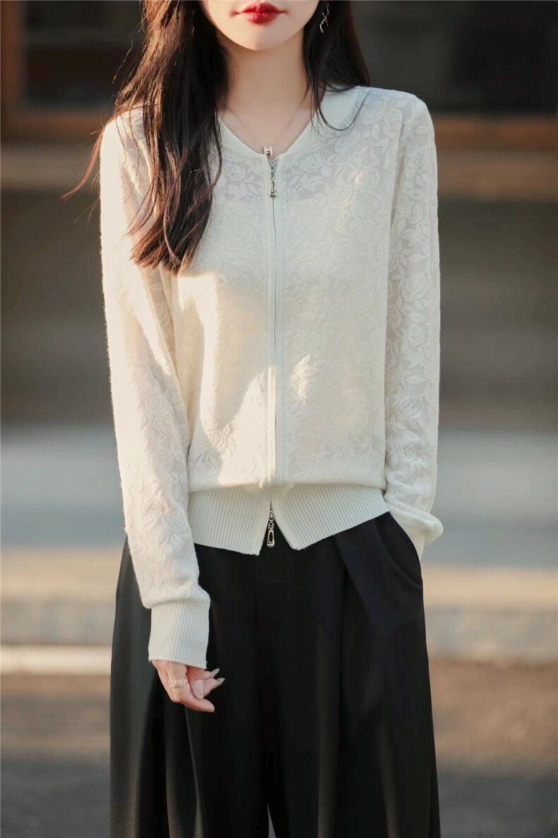 2025年秋季常规款女士圆领时尚百搭通勤休闲柔软拉链开衫，女装针织衫/毛衣，森墨