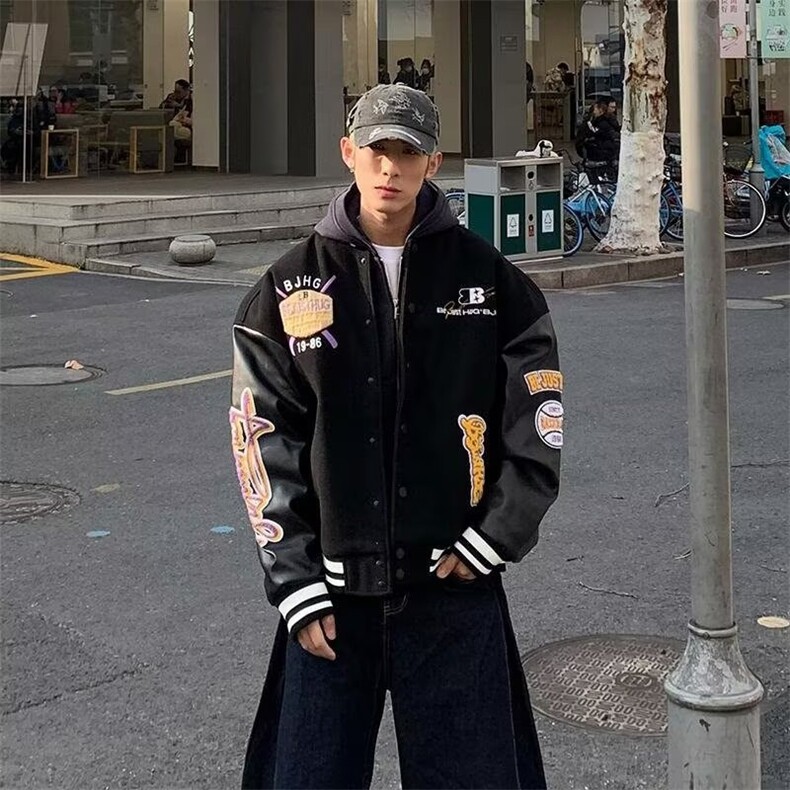 B1024-P78美式皮袖刺绣棒球服夹克百搭简约ins气质慵懒流行新款，男装T恤，电商B323A