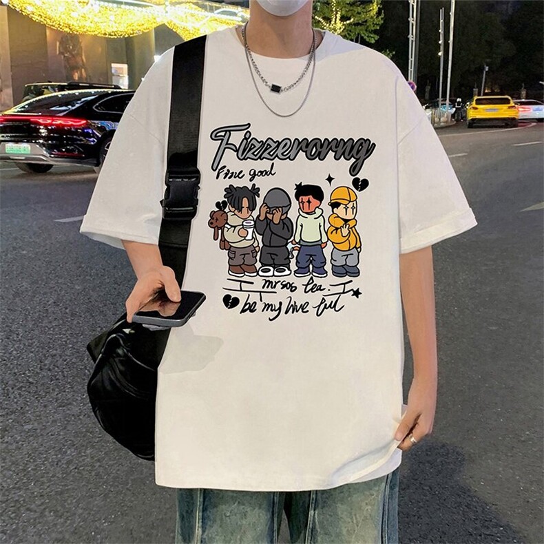 青少年短袖T恤男生夏季纯棉重磅卡通印花潮牌宽松大码五分袖衣服,男装T恤,星座304A