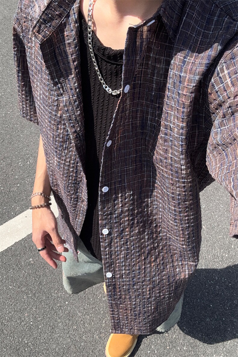 B221美式ins高街宽松薄款泡泡格短袖衬衫SY2548-特P35控59,男装T恤,电商B221
