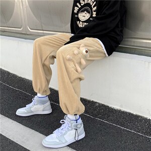 新款小熊裤子男宽松百搭潮流灯芯绒阔腿裤学生条绒束脚裤K312-p35,男装休闲裤,星座1008-1