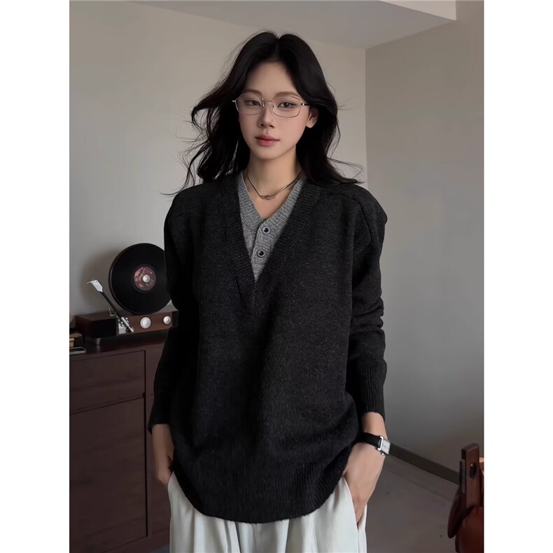 复古拼接假两件针织衫男女潮牌宽松休闲翻领毛衣上衣L65055-P58,男装针织衫/毛衣,星座1008