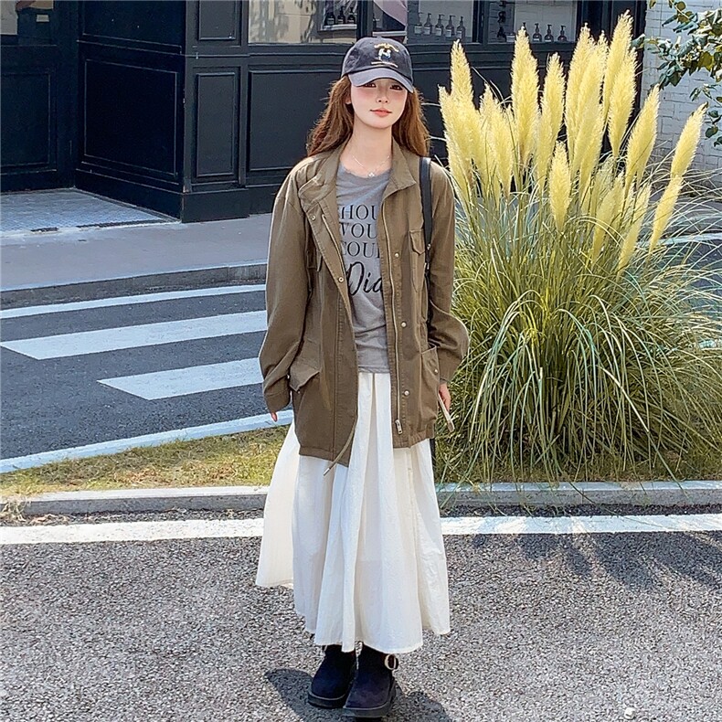 【新款】军绿色工装风衣外套D2145-Y8826-P175-控258,女装短外套,2D145