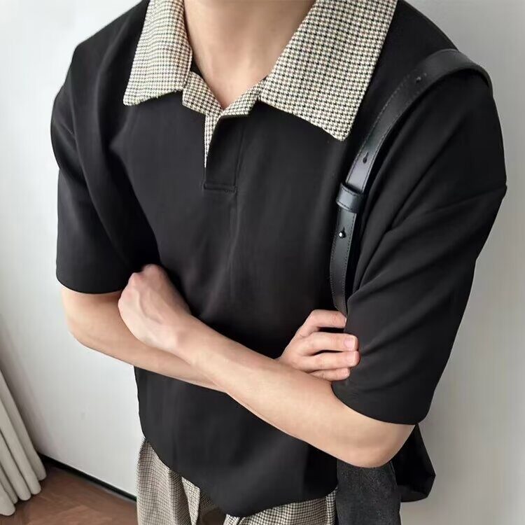 千鸟格拼接polo衫短袖男夏季老钱风复古正肩T恤cleanfit重磅半袖,男装T恤,星座715-4