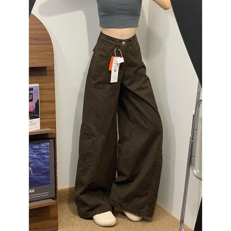 小个子复古美拉德咖色阔腿工装牛仔裤女新款辣妹高腰宽松直筒长裤图片