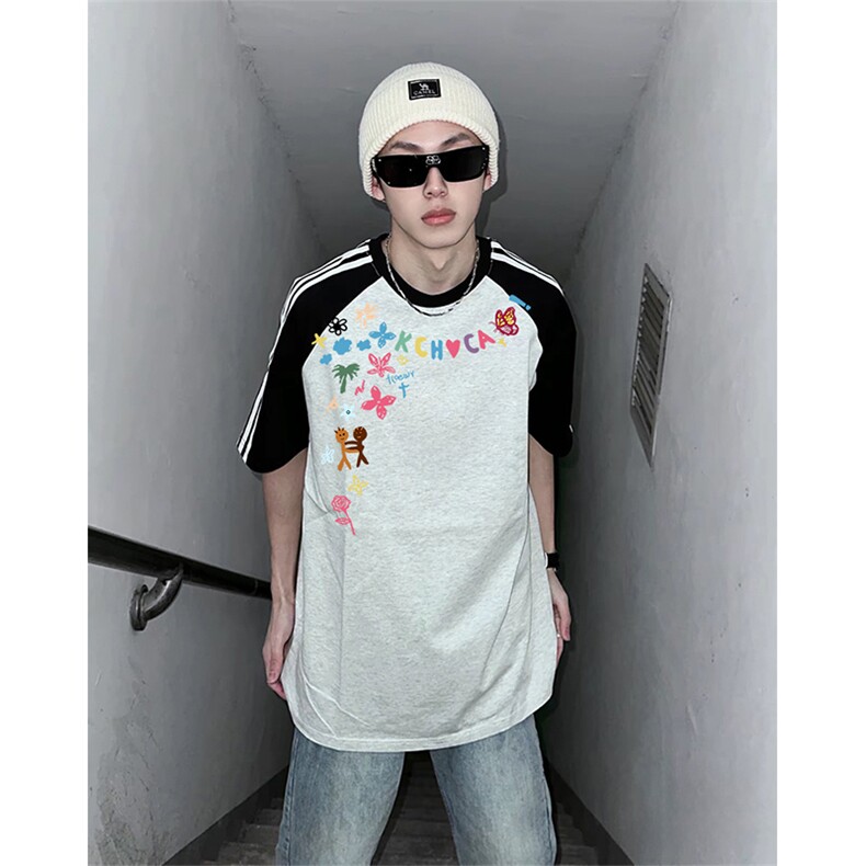 抖音得物品质二开240克宽松纯棉美式潮牌插肩三杠织带短袖T恤,男装T恤,电商A486