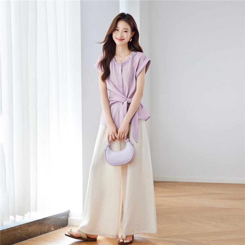 时尚巨好看套装女夏2025新款设计感气质系带收腰衬衫阔腿裤两件套，女装套装/套裙，艾瑞儿
