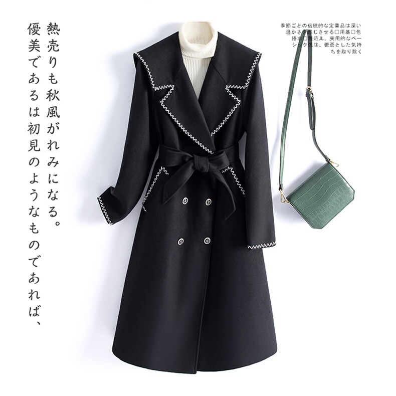 （正90绒）水衣源2533款镶条毛呢羽绒服加厚中长款大衣女图片