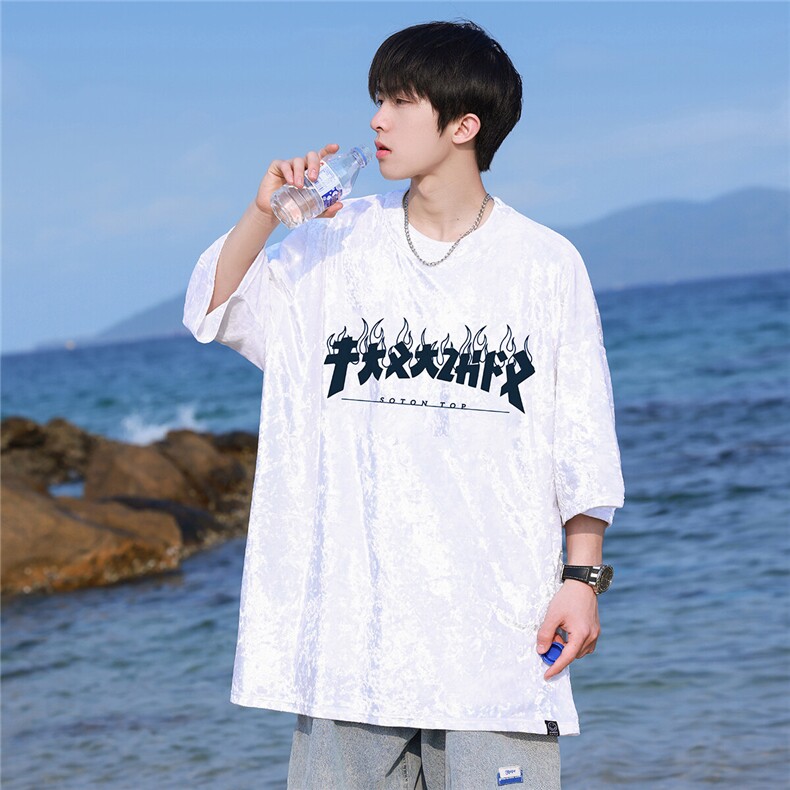 2025夏季新款创意字母印花丝绒宽松大码男士圆领短袖T952/P35控48,男装T恤,电商A148