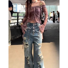 美式水洗做旧破洞牛仔裤男春秋直筒宽松欧美高街vibe风情侣长裤，男装牛仔裤，电商A247C