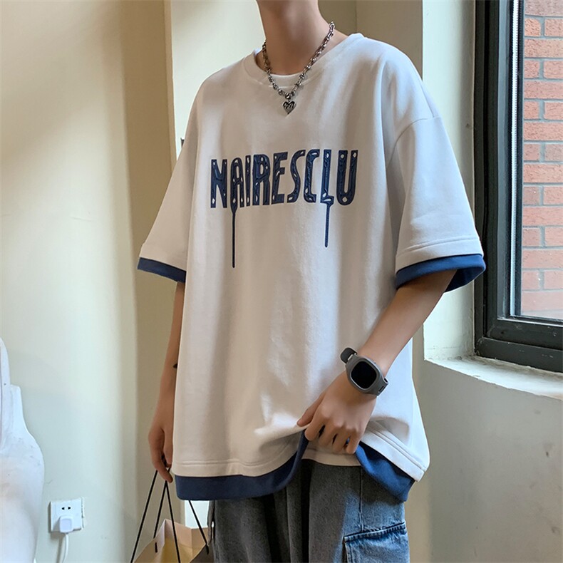 新款夏季短袖珠地面料宽松发泡字母假两件男士T恤ZDY3411-P50，男装T恤，星座717