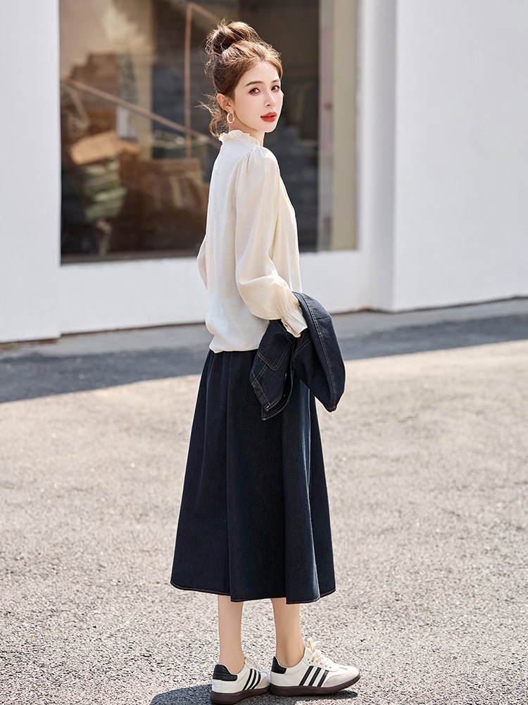 牛仔套装裙女春季2025新款宽松马甲长袖衬衫短袖T半身裙三件套,女装套装/套裙,秀美人生