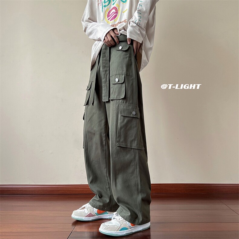 美式ins高街hiphop宽松直筒多口袋工装裤纽扣装饰货号k646P65,男装休闲裤,电商A063