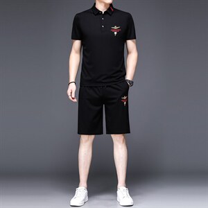 2023新款男士休闲运动套装中年男装夏季翻领短袖t恤冰丝一套衣服,皮肤黑的女性怎么搭配衣服图片
